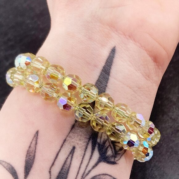 VINTAGE Yellow peridot green AB coated double-strand glass beaded bracelet - Picture 8 of 8